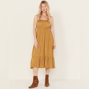 Mystree NWT Satin Ruffle Midi Cami Dress Gold M Western Boho Crinkle Slip Dress